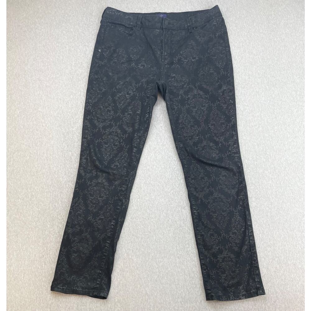 NYDJ Pants Womens 14 Black Floral Cotton Blend Stretch Flat Front Skinny Fit